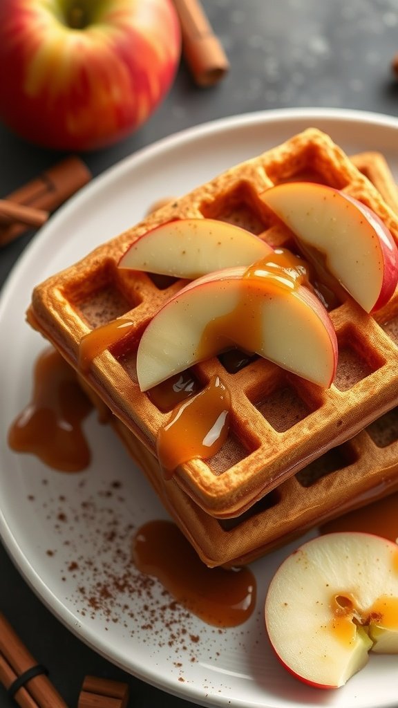 Delicious apple cinnamon waffles served with apple slices and caramel drizzle.