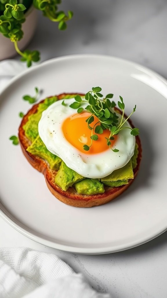 Avocado toast topped with a poached egg, garnished with fresh herbs.