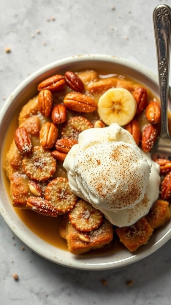 A delicious serving of banana nut bread pudding topped with nuts and ice cream.