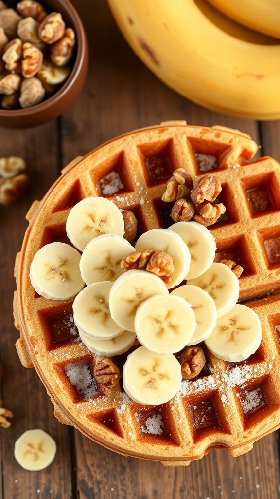 A delicious plate of banana nut waffles topped with banana slices and walnuts.