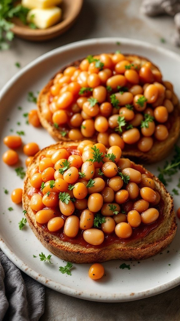 A plate of toast topped with baked beans, butter, and herbs.