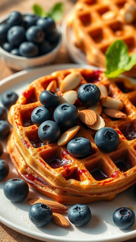 Delicious blueberry almond waffles topped with fresh blueberries and almonds