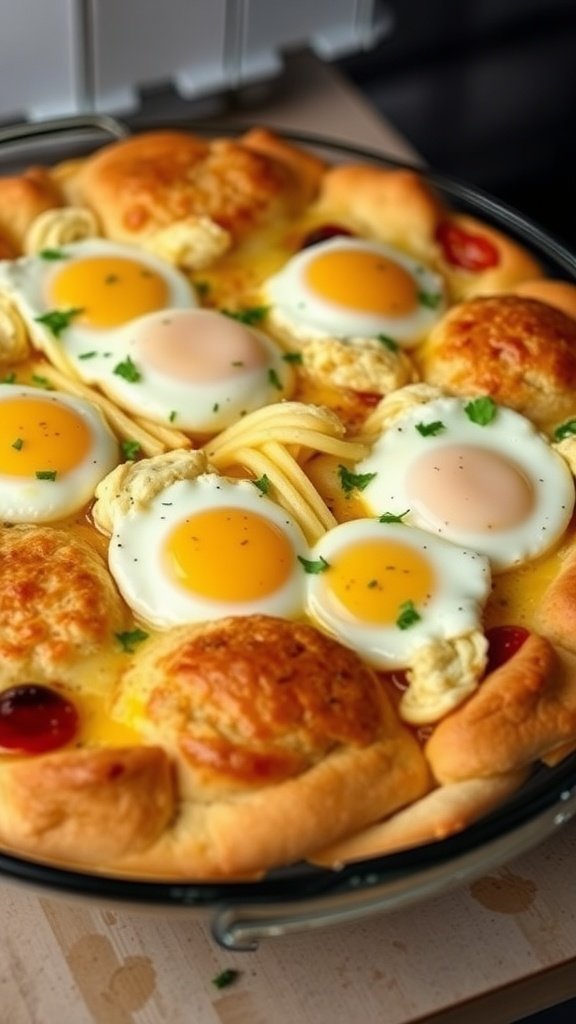A delicious breakfast pizza casserole featuring biscuits, eggs, cheese, and toppings, baked to perfection.