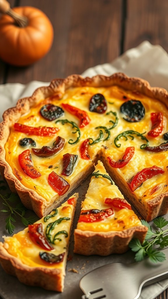 A slice of breakfast quiche highlighting the sourdough crust and colorful vegetables.