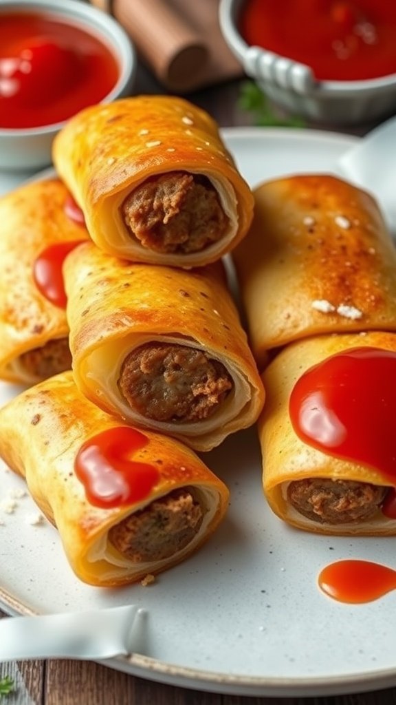 Plate of sausage rolls with ketchup