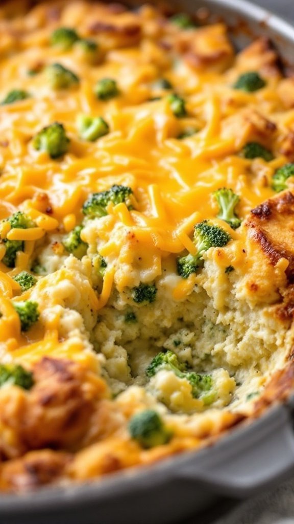 A delicious broccoli cheddar bread pudding casserole, golden and bubbly, served in a baking dish.