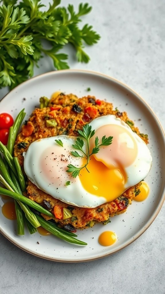 A plate of bubble and squeak topped with fried eggs and garnished with green vegetables.