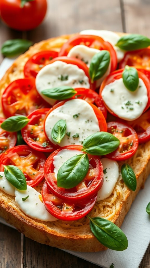 A delicious Caprese Bread Casserole featuring layers of tomatoes, mozzarella, and fresh basil.