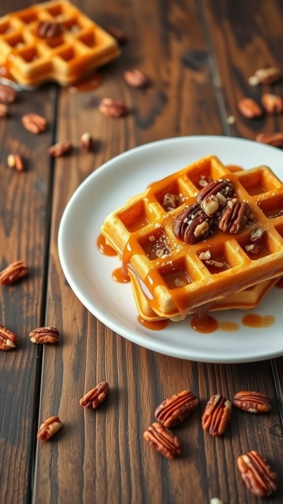 Delicious caramel pecan waffles topped with caramel sauce and pecans