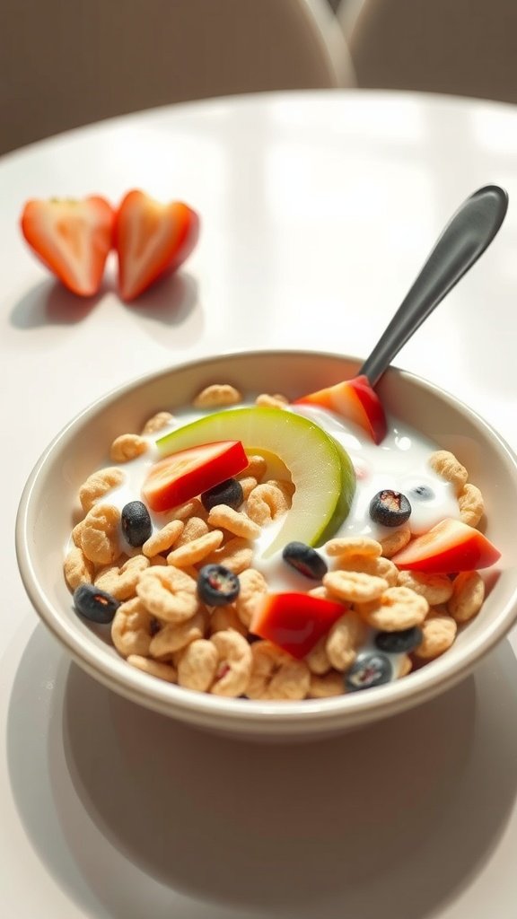 A bowl of cereal with milk topped with fresh fruit, including strawberries, apple slices, and blueberries.