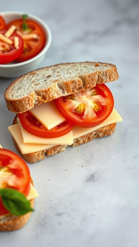 Cheddar cheese and tomato sandwich on whole-grain bread