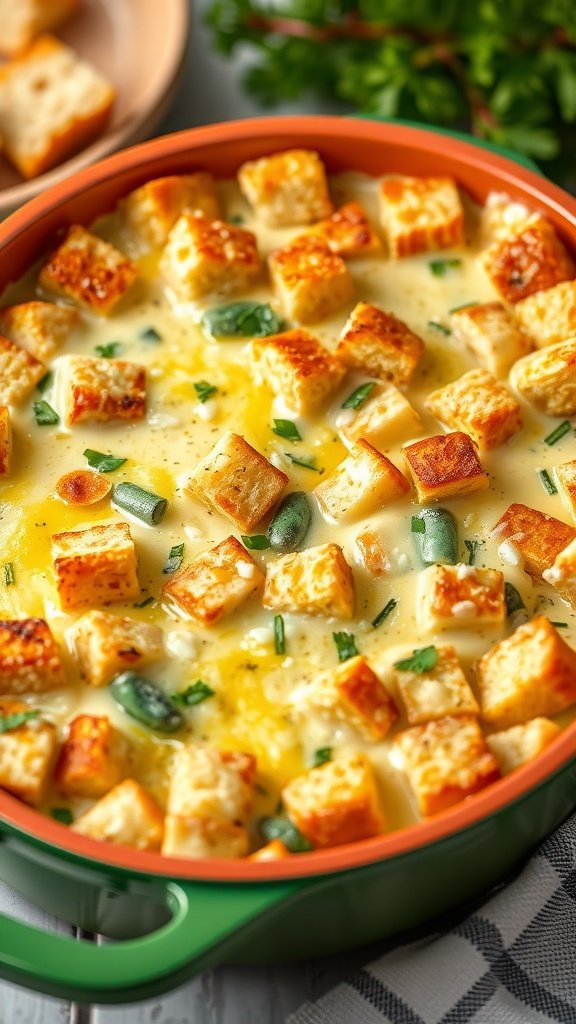 Cheesy vegetable egg bread bake in a baking dish