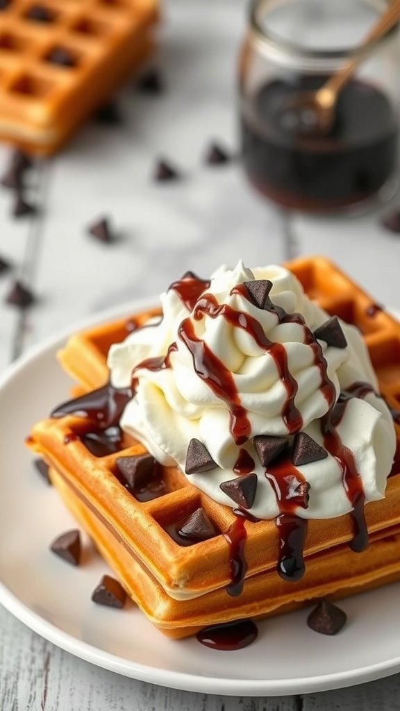 Delicious chocolate chip waffles topped with whipped cream and drizzled with syrup.