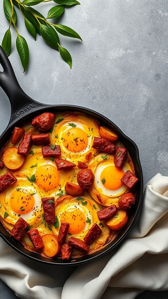 A delicious chorizo and potato breakfast bake, topped with eggs and cheese.