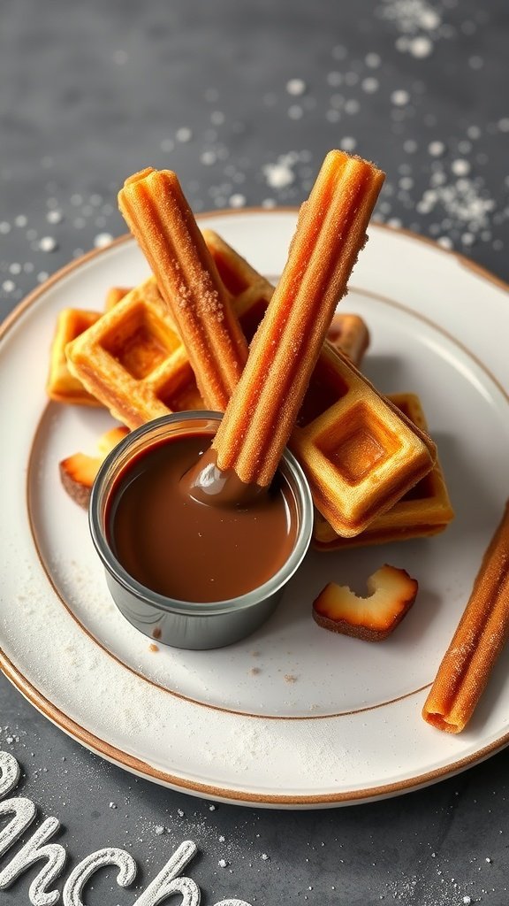 Delicious churro waffles with chocolate sauce for dipping.