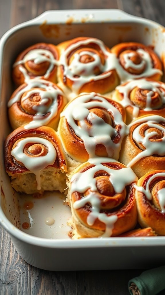A delicious cinnamon roll casserole fresh out of the oven, topped with a sweet glaze.