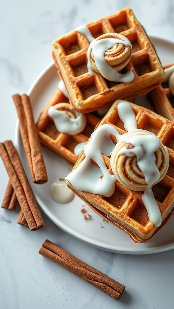A plate of cinnamon roll waffles drizzled with icing and surrounded by cinnamon sticks.
