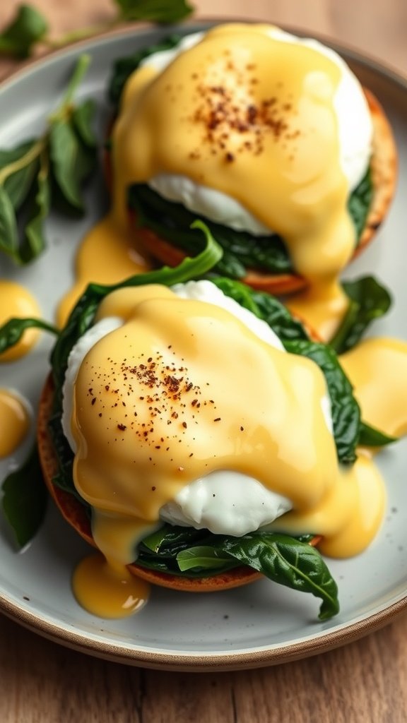 Eggs Benedict with spinach on English muffins topped with hollandaise sauce