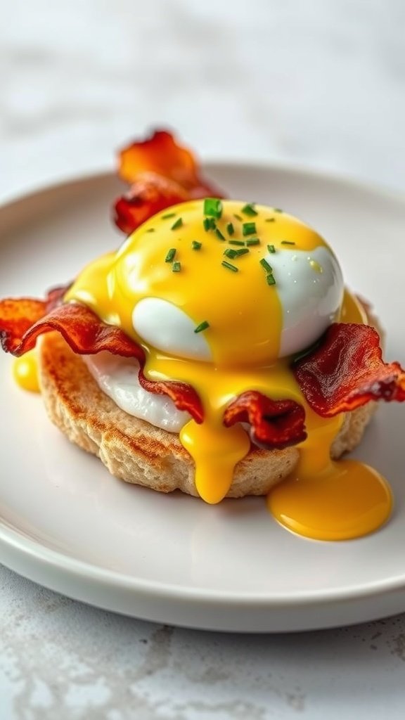 English breakfast muffins with bacon, poached egg, and hollandaise sauce.