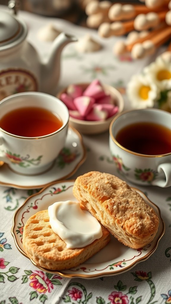 A plate of freshly made scones with cream beside cups of English breakfast tea.