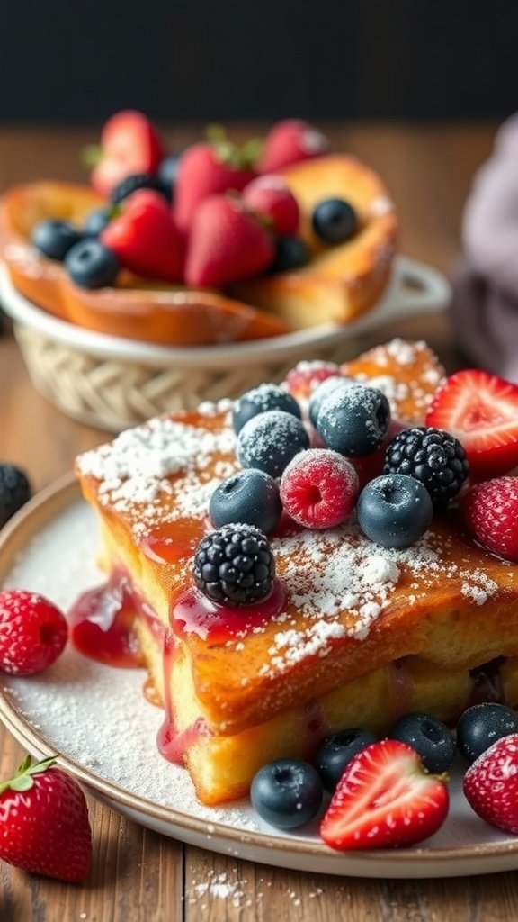 A delicious French Toast Casserole topped with fresh berries and powdered sugar.