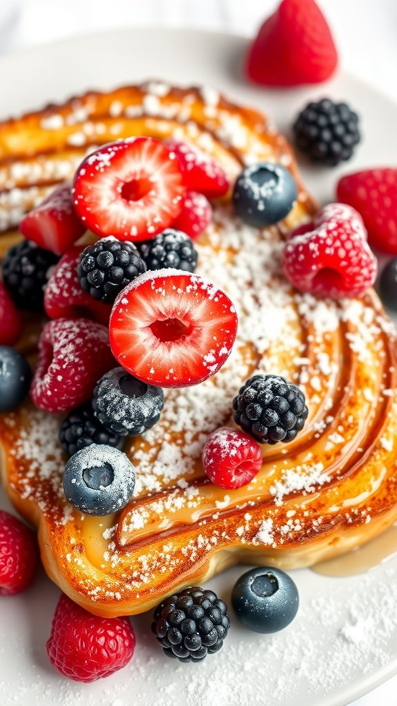 Delicious French toast topped with a variety of fresh berries and powdered sugar