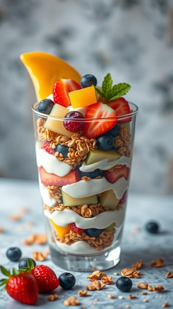 A colorful fruit and yogurt parfait with layers of yogurt, granola, and fresh fruits.