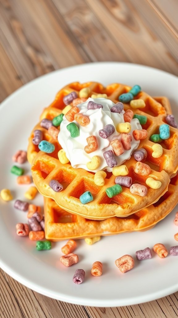 Colorful Fruity Pebbles waffles topped with whipped cream and extra cereal