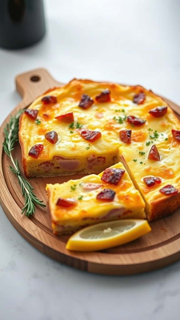 A delicious Ham and Cheese Breakfast Strata served on a wooden board with a slice cut out.
