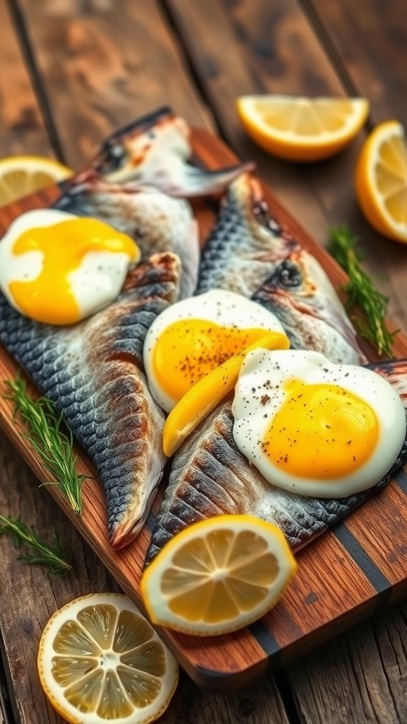 Kippers served with poached eggs and lemon slices