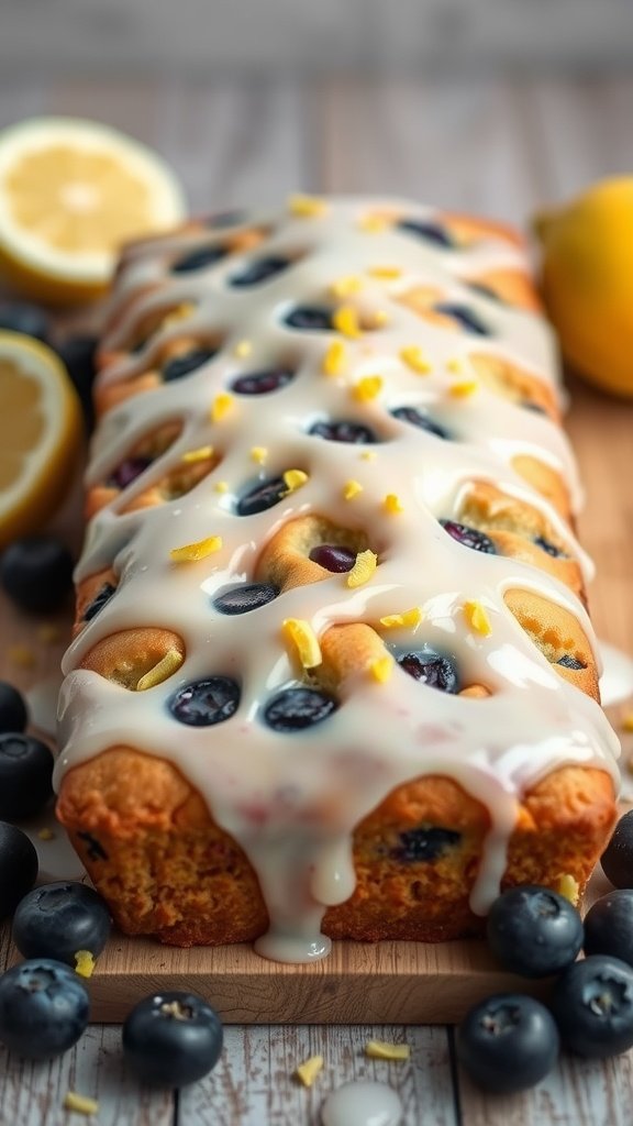 A delicious lemon blueberry bread bake with a glaze on top, surrounded by fresh blueberries and lemons.