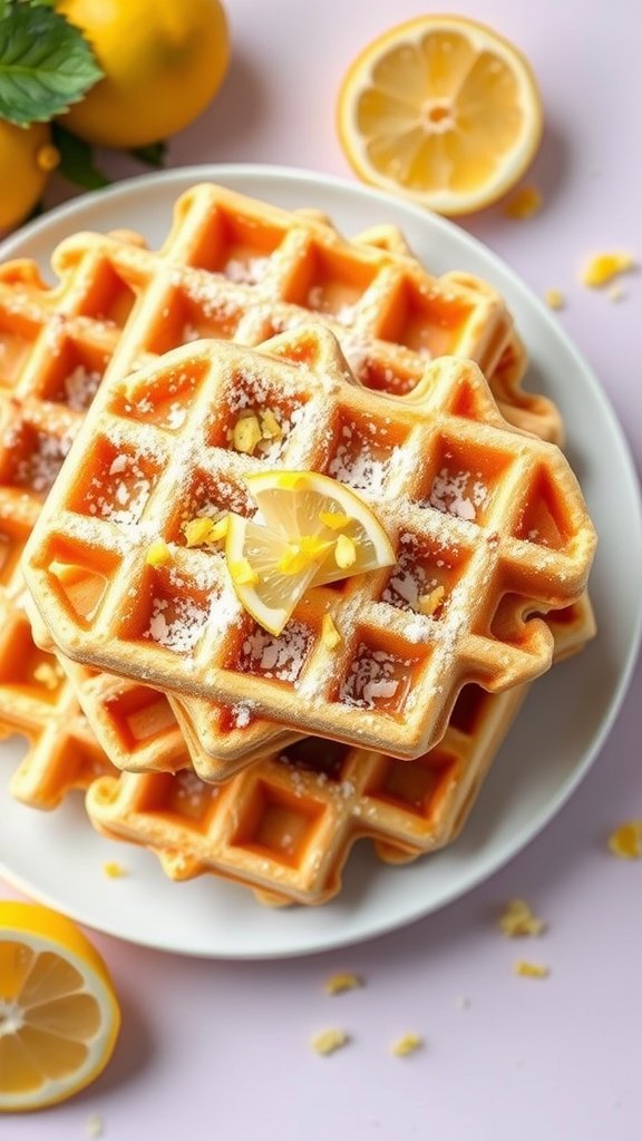 Delicious lemon poppy seed waffles stacked on a plate with lemon slices.