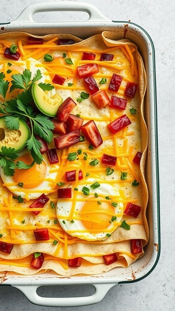 A loaded breakfast burrito casserole topped with cheese, eggs, and vegetables.