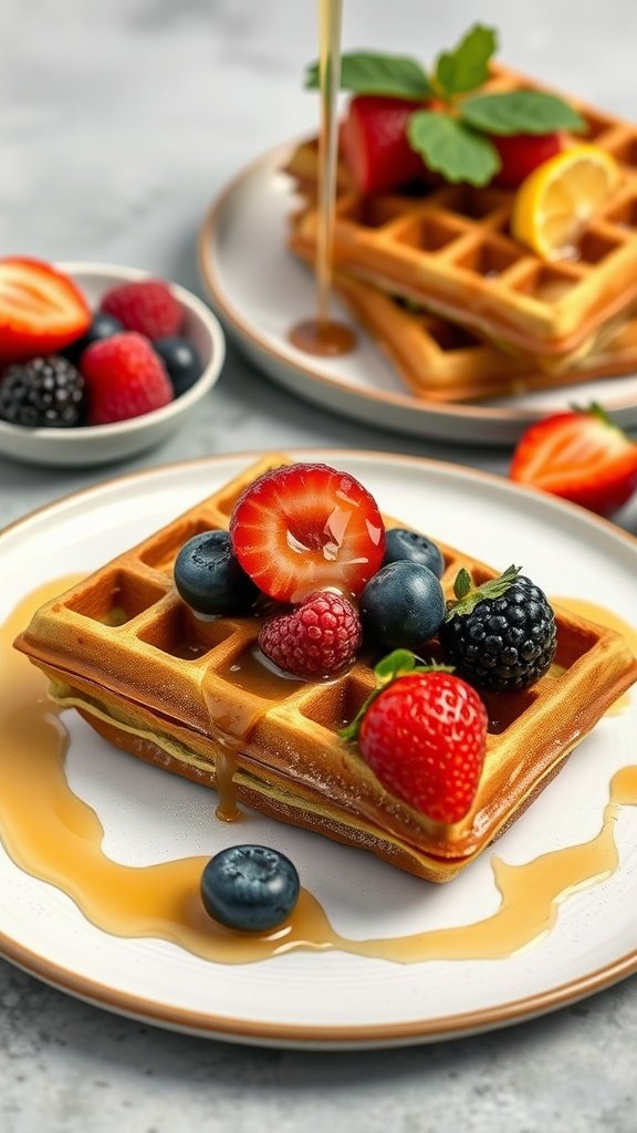Delicious matcha green tea waffles topped with fresh berries and syrup