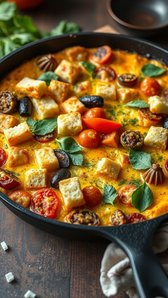 A colorful Mediterranean frittata bake with vegetables and cubes of bread.