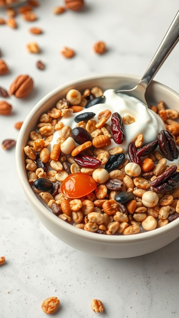 A bowl of muesli with various nuts, seeds, and yogurt.
