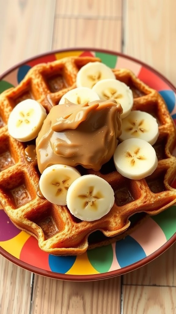 Delicious peanut butter banana waffles topped with banana slices and peanut butter.