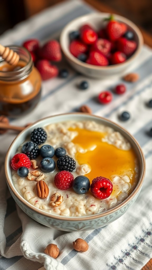 A bowl of porridge topped with honey, fresh berries, and nuts.