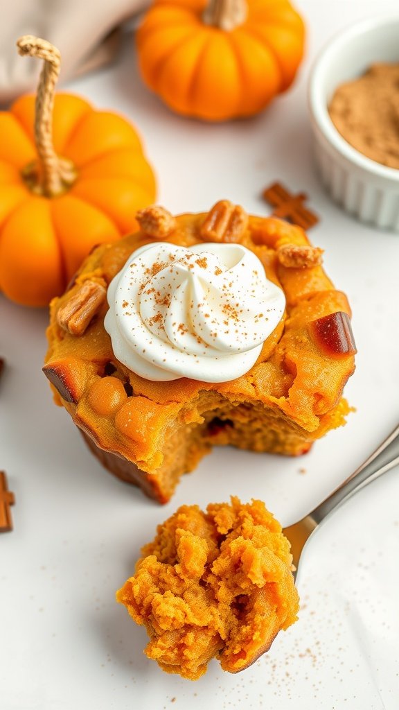 A delicious serving of pumpkin spice bread pudding topped with whipped cream and a sprinkle of cinnamon.