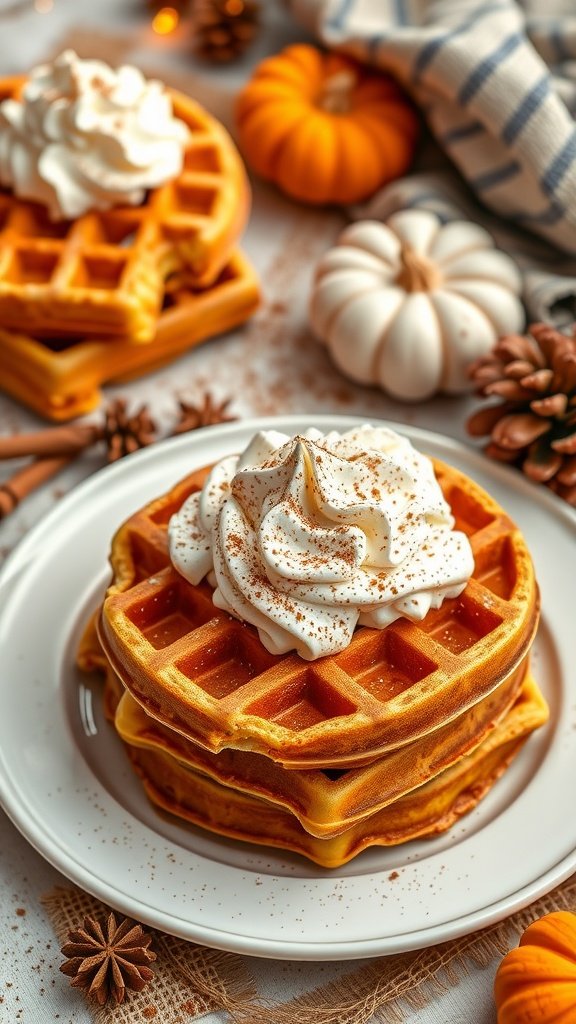 Delicious pumpkin spice waffles topped with whipped cream and garnished with spices