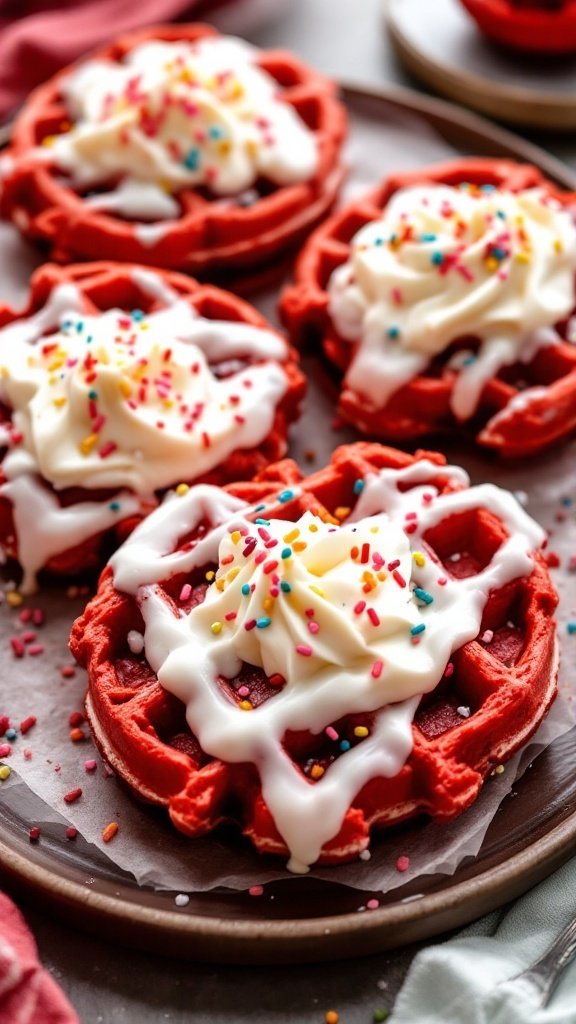 Delicious red velvet waffles topped with cream cheese frosting and sprinkles on a plate.