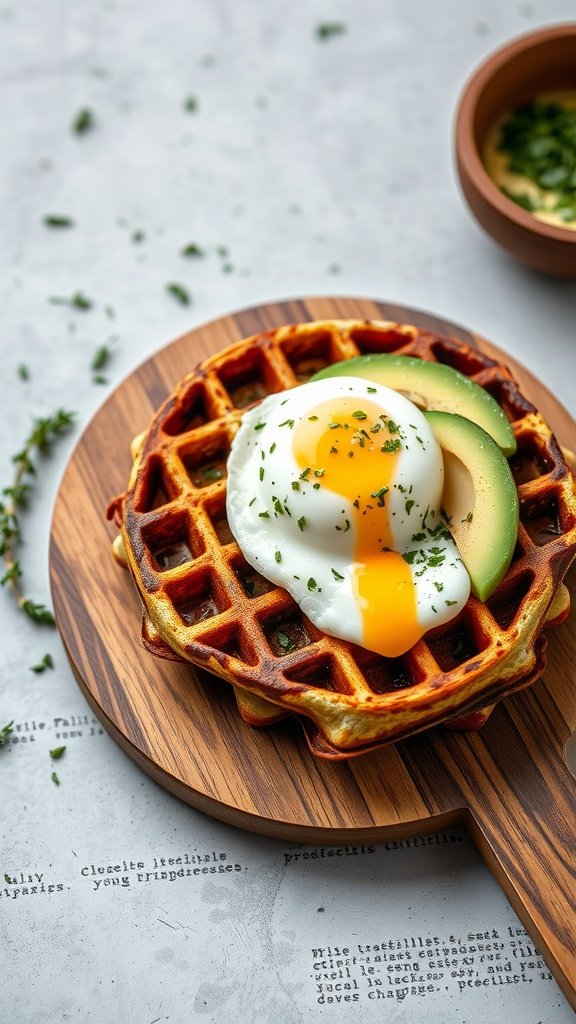 Savory herb waffles topped with a poached egg and avocado slices.