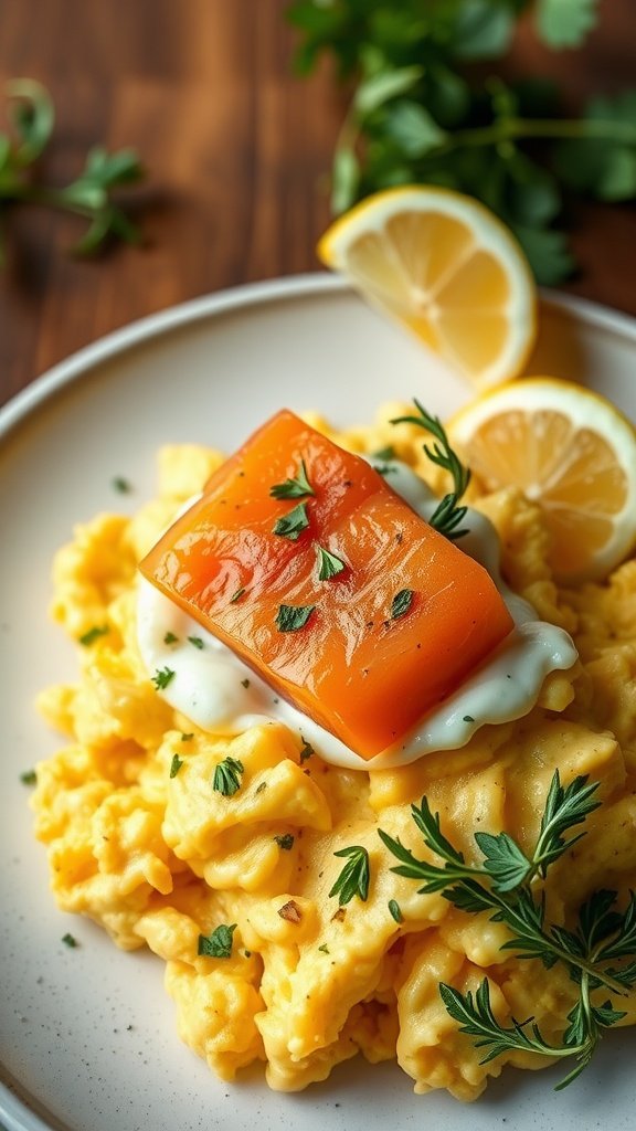 A plate of creamy scrambled eggs topped with smoked salmon and garnished with fresh herbs and lemon slices.