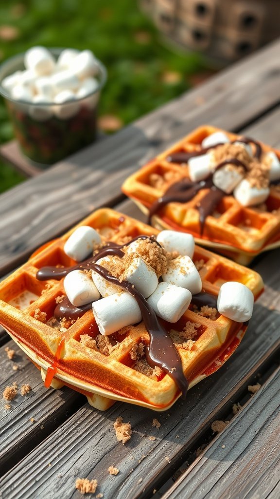 Delicious s'mores waffles topped with chocolate and marshmallows