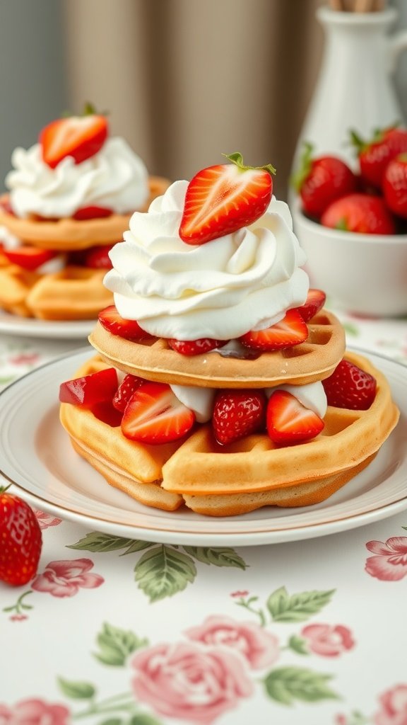 Delicious strawberry shortcake waffles with whipped cream and fresh strawberries