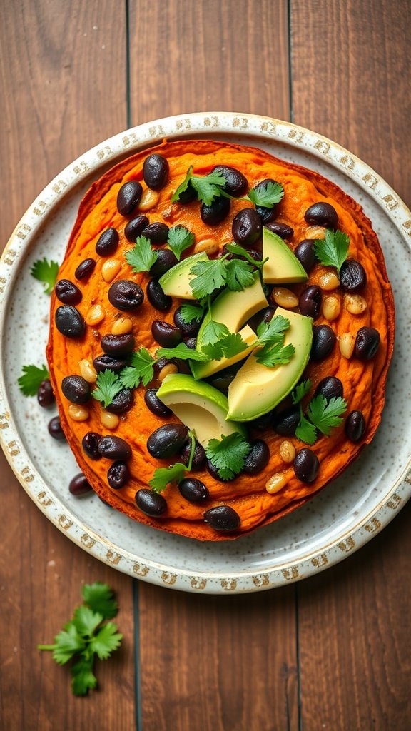 A delicious sweet potato and black bean bake topped with avocado and cilantro on a plate.