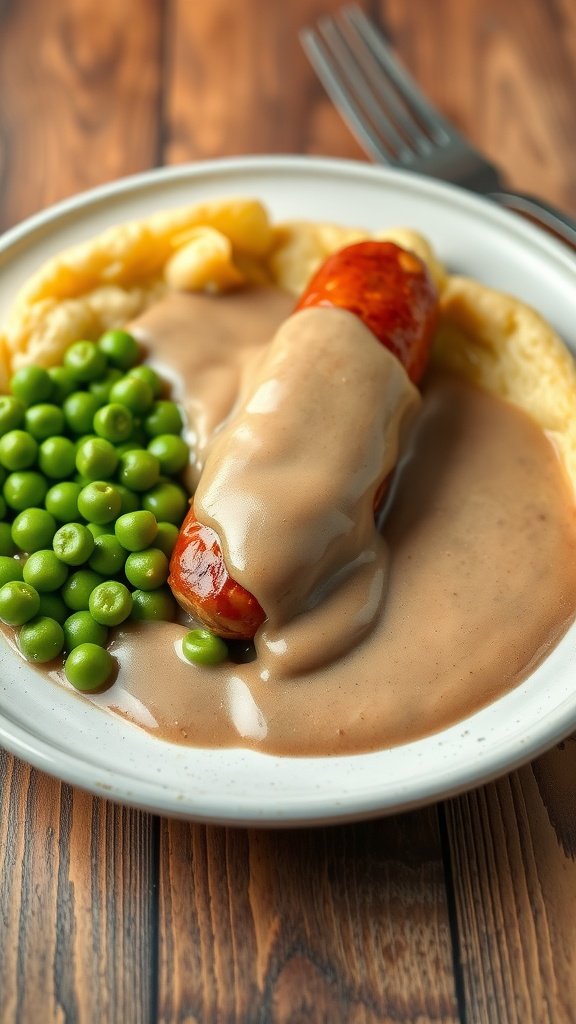 A plate of Toad in the Hole with sausages in Yorkshire pudding batter, served with peas.