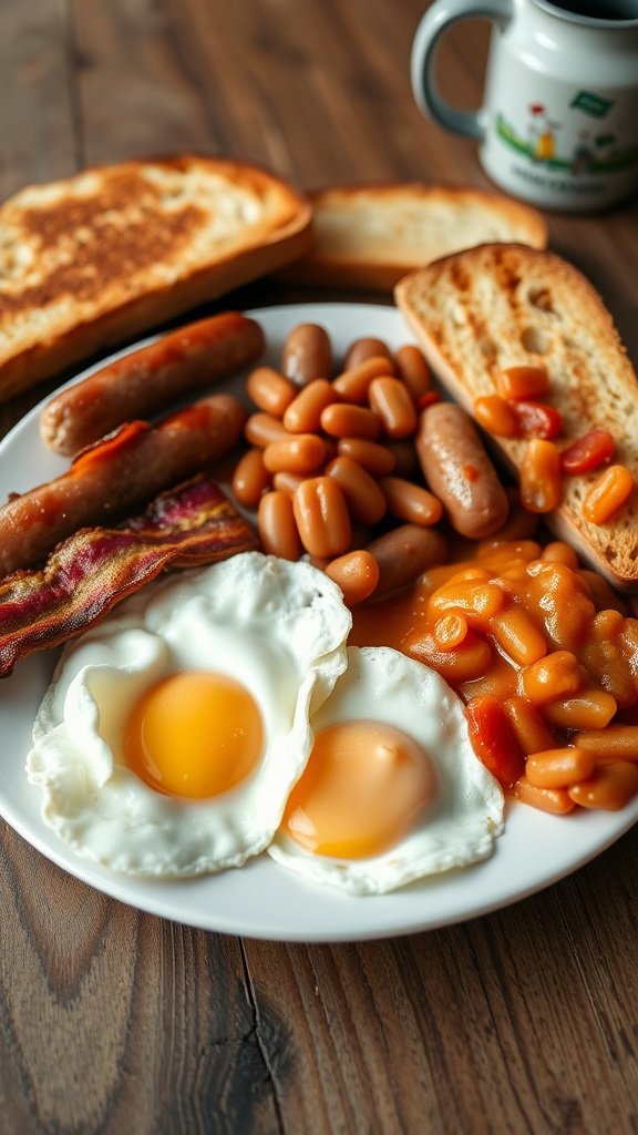 A traditional full English breakfast featuring eggs, bacon, sausages, baked beans, and toast.