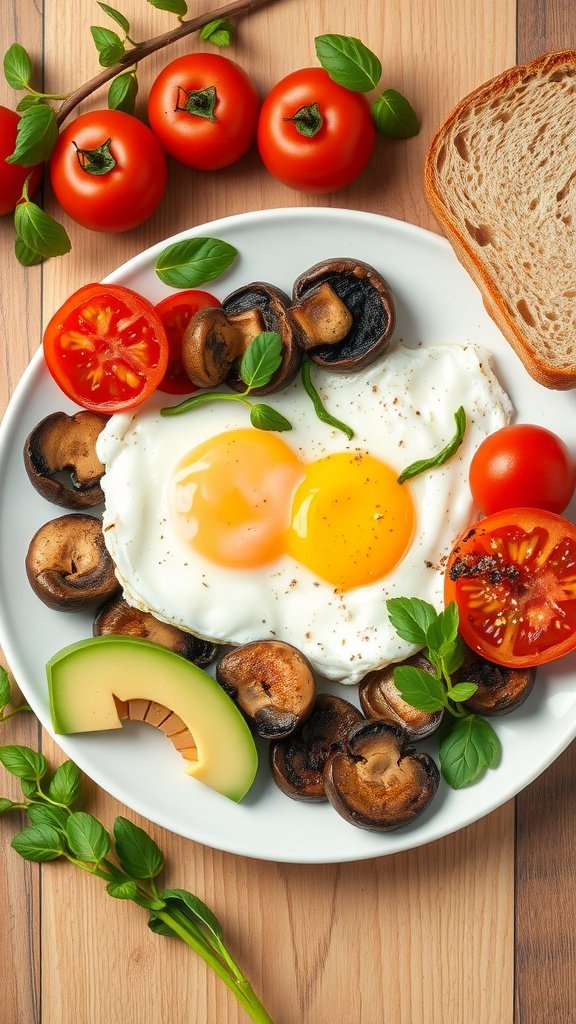 A vegetarian full English breakfast featuring fried eggs, sautéed mushrooms, fresh tomatoes, avocado slices, and whole grain toast.