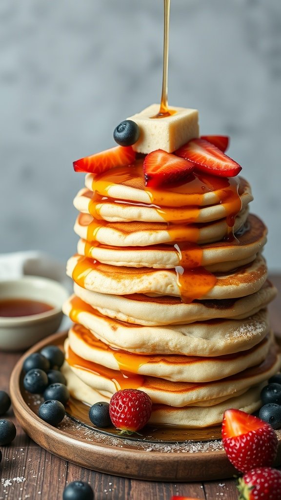 Stack of fluffy Yorkshire pancakes topped with strawberries, blueberries, and maple syrup.